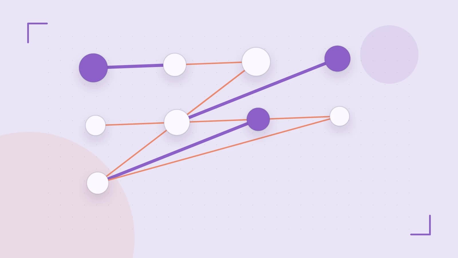 Editorial illustration of an algorithmic node graph with branching paths and a highlighted result