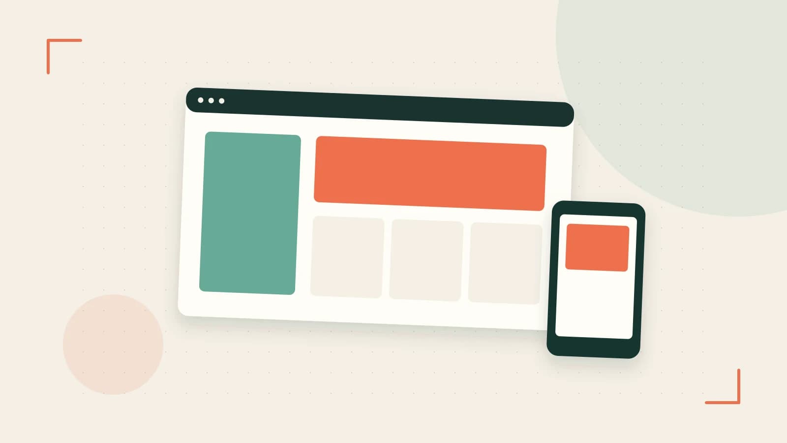 Editorial illustration of responsive browser layouts, overlapping design components and a color system