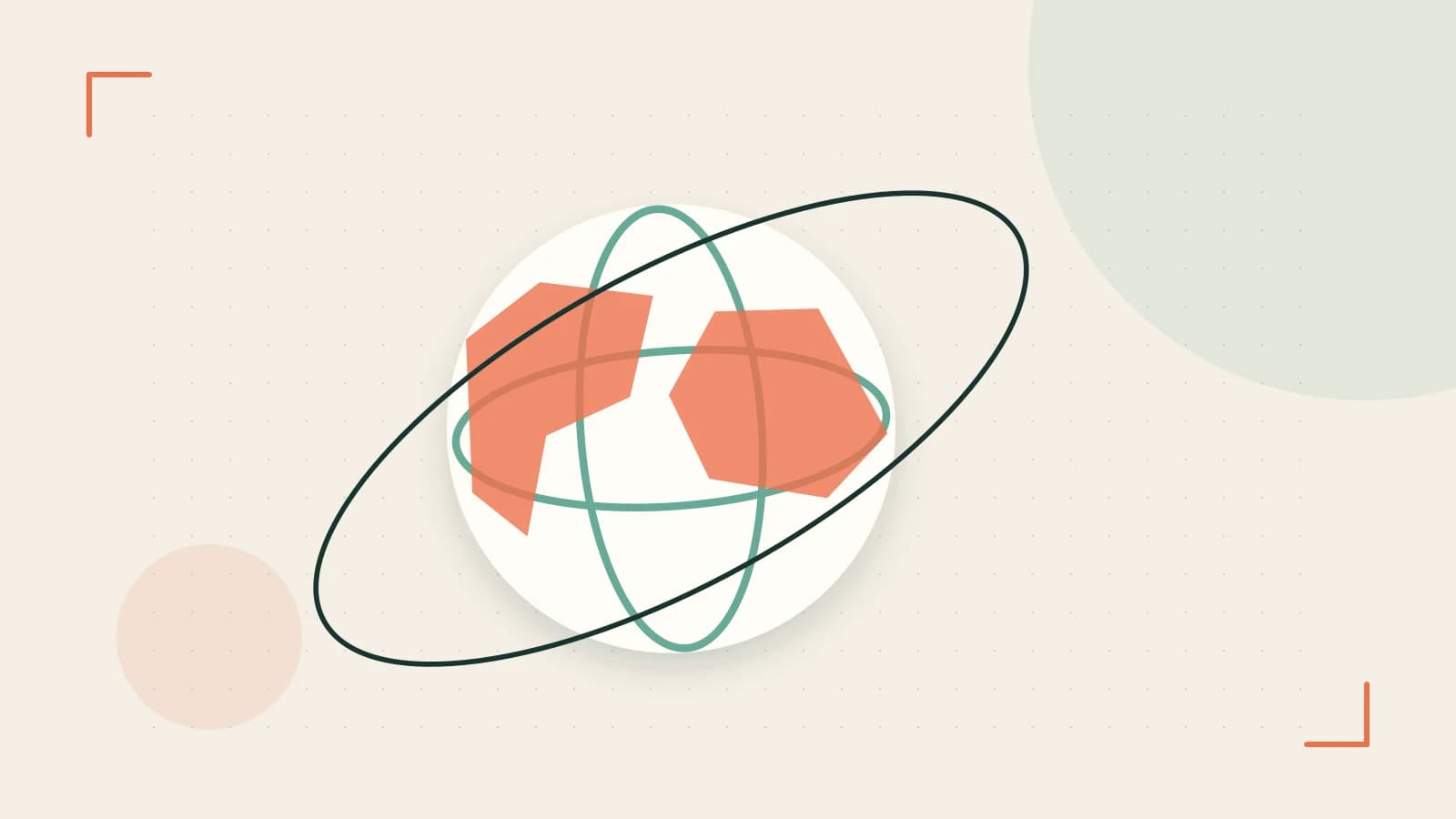 Editorial illustration of an editorial globe with meridians and layered geographic shapes