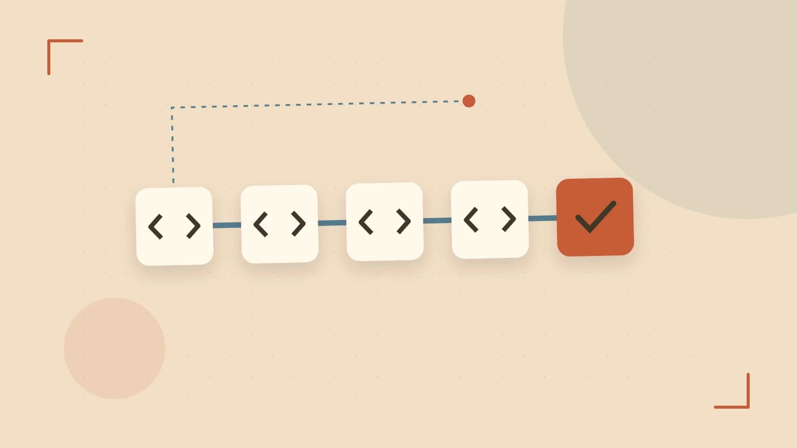 Editorial illustration of a branching build pipeline, staged transformations and a completed check