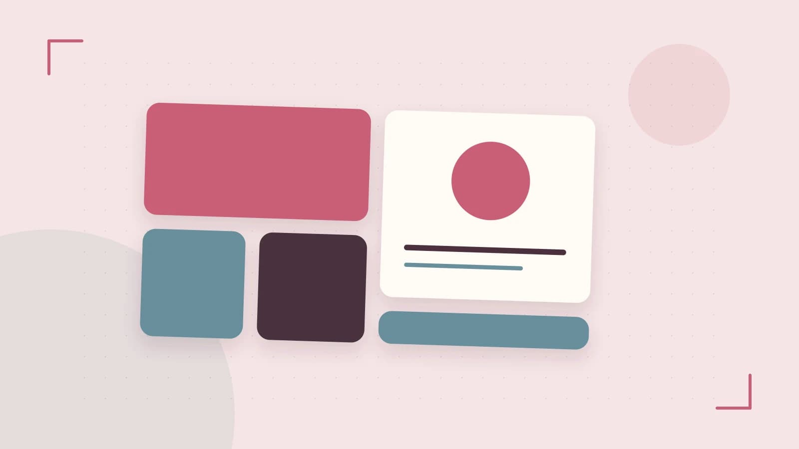 Editorial illustration of responsive browser layouts, overlapping design components and a color system