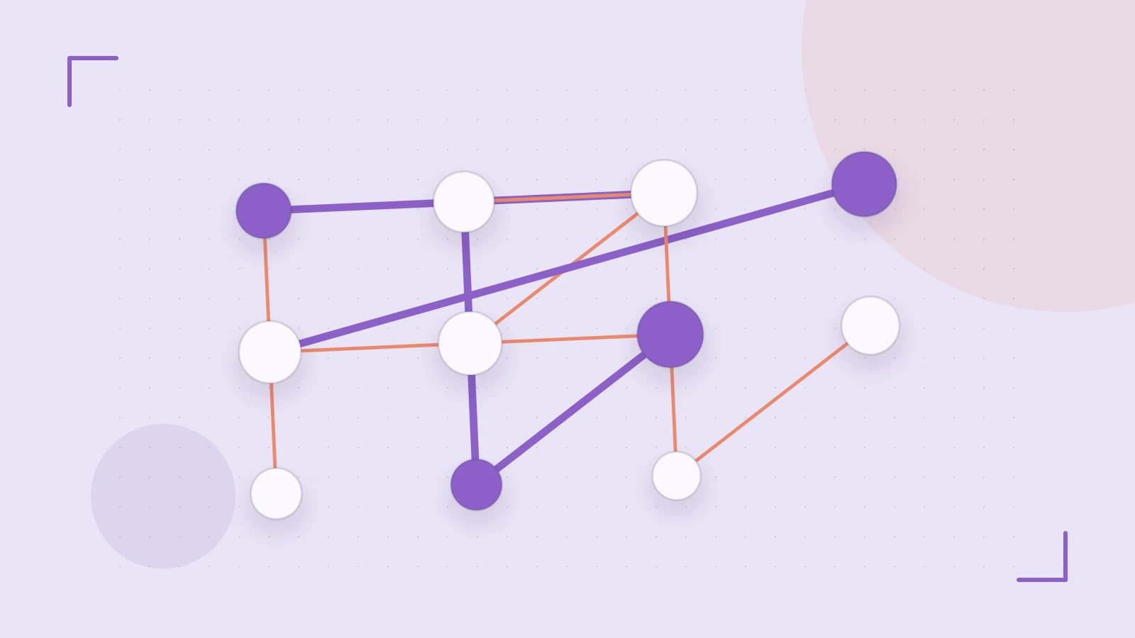 Editorial illustration of an algorithmic node graph with branching paths and a highlighted result