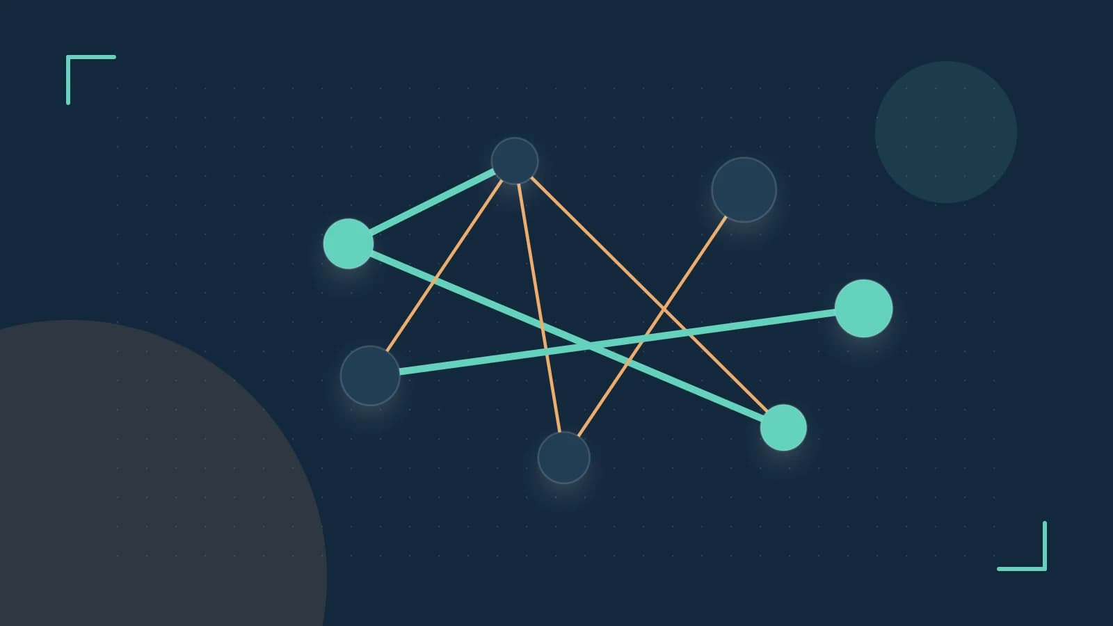 Editorial illustration of an algorithmic node graph with branching paths and a highlighted result