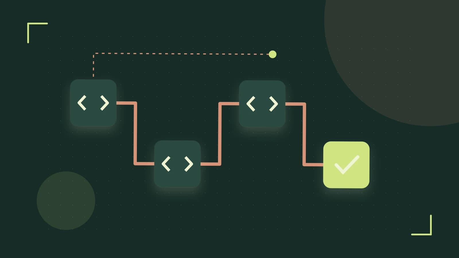 Editorial illustration of a branching build pipeline, staged transformations and a completed check
