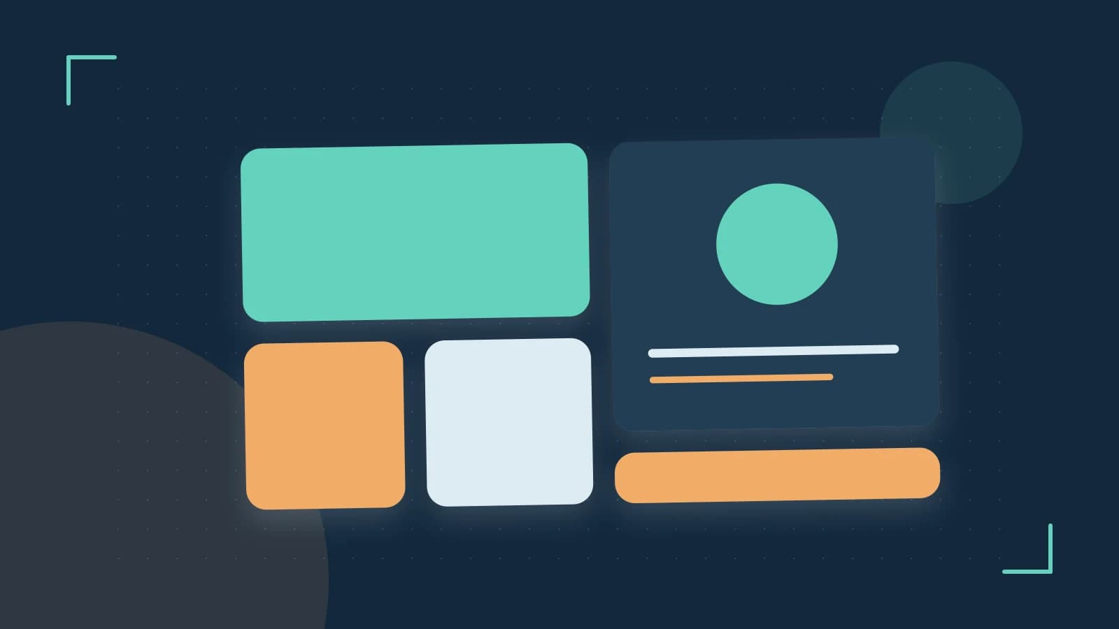 Editorial illustration of responsive browser layouts, overlapping design components and a color system