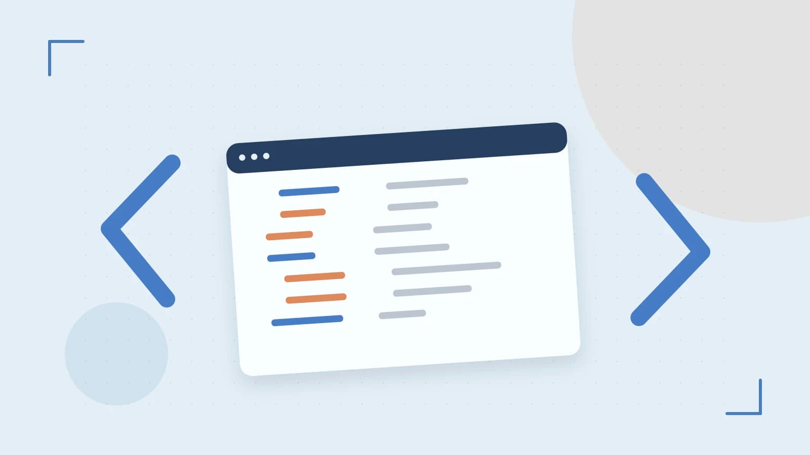Editorial illustration of an abstract code editor, syntax blocks and oversized programming brackets
