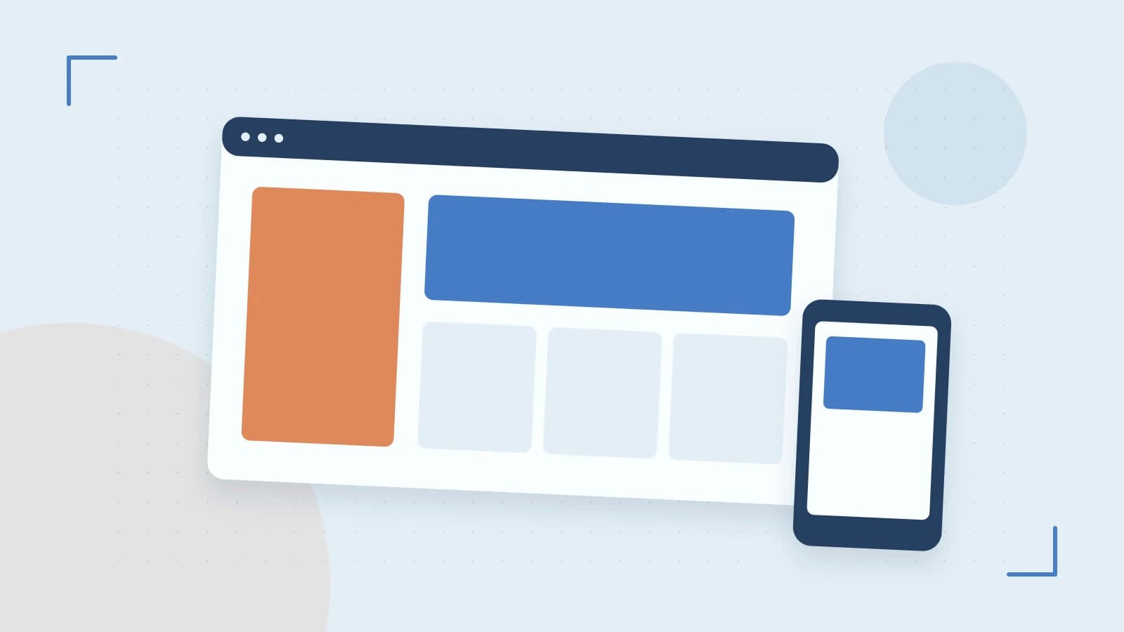 Editorial illustration of responsive browser layouts, overlapping design components and a color system