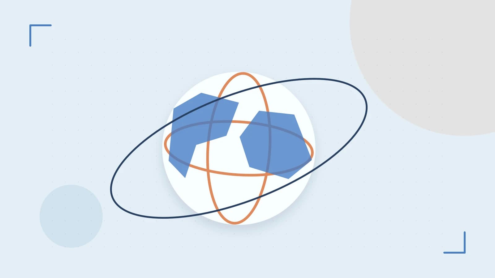 Editorial illustration of an editorial globe with meridians and layered geographic shapes