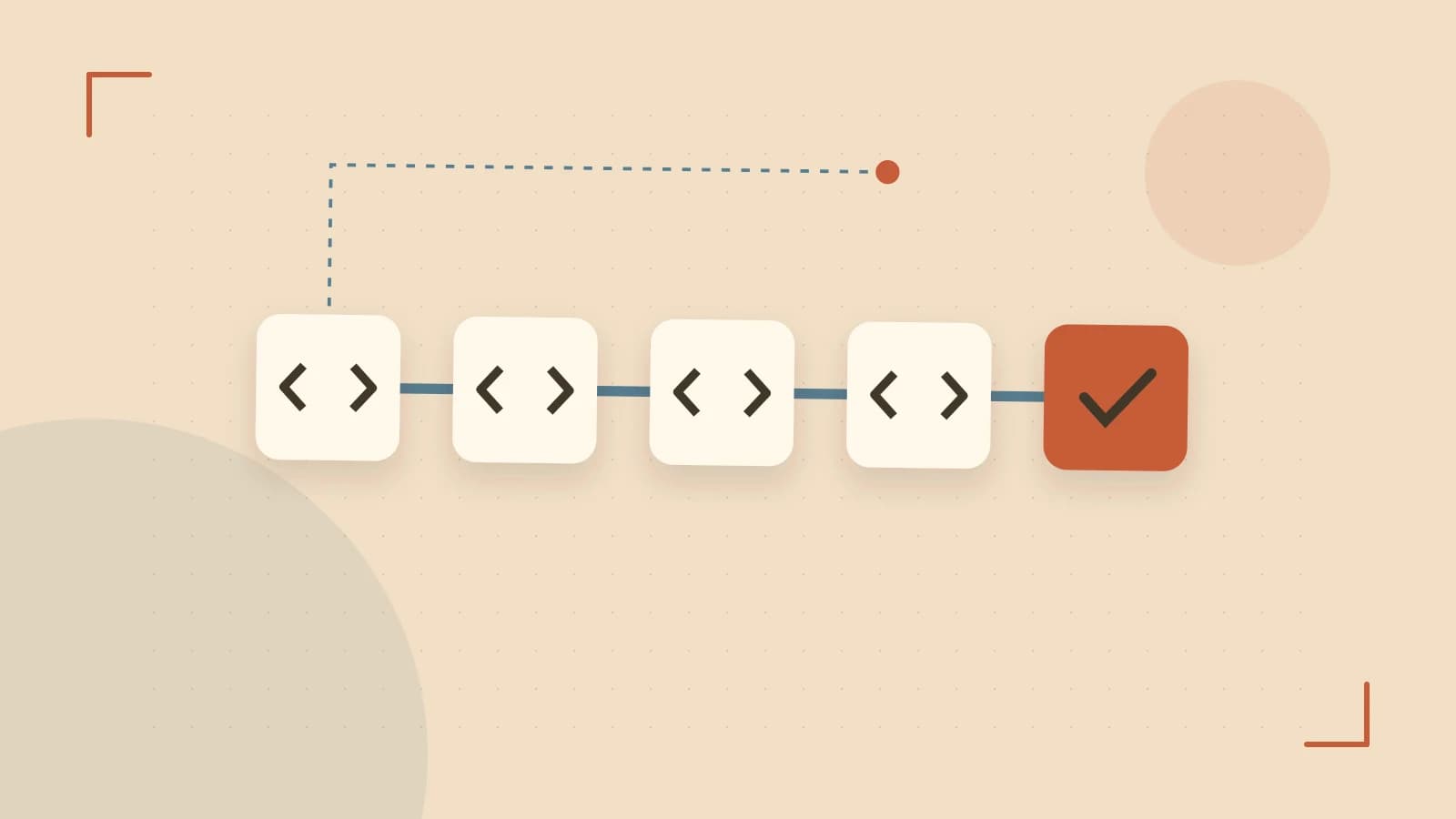 Editorial illustration of a branching build pipeline, staged transformations and a completed check