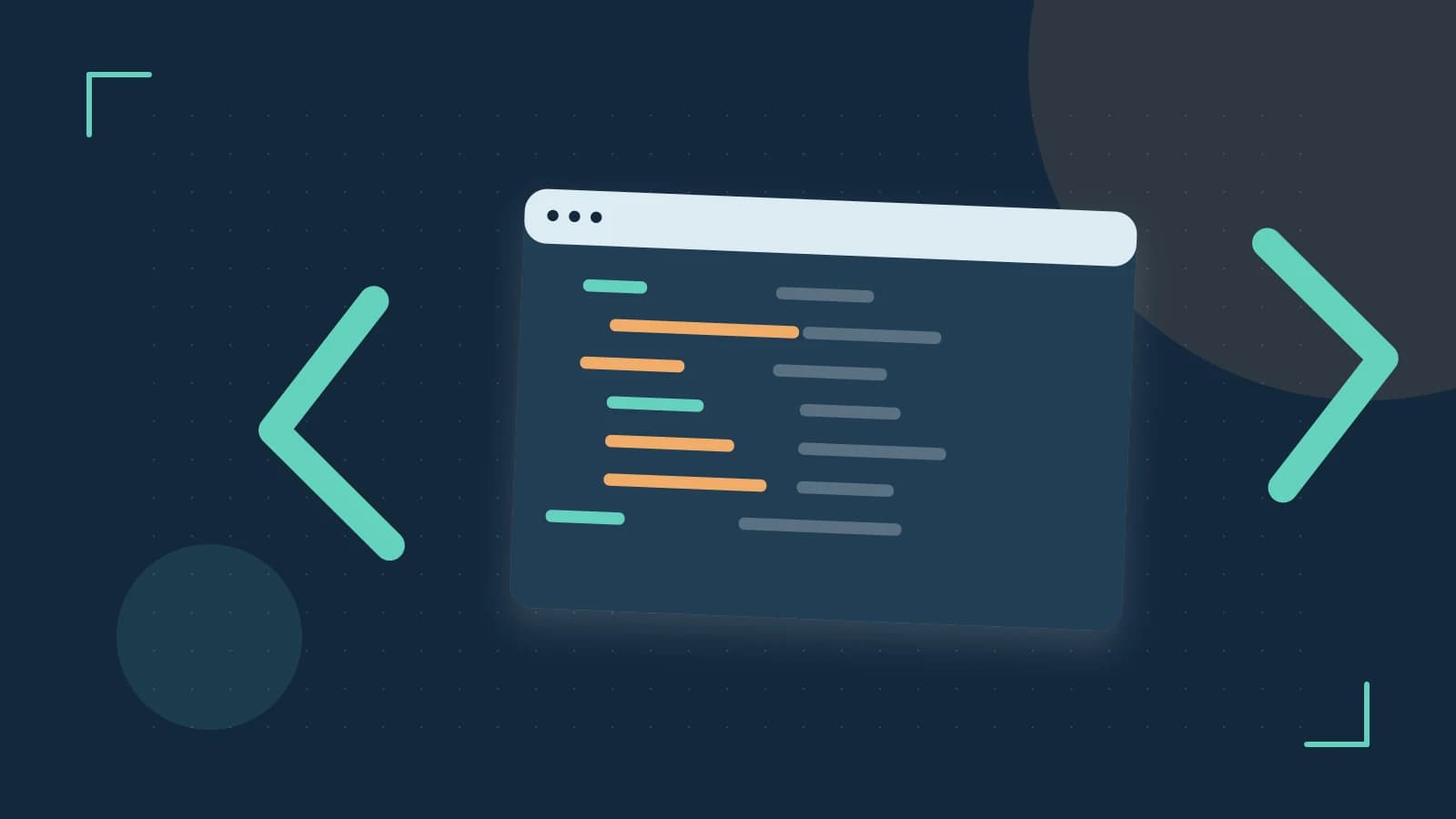 Editorial illustration of an abstract code editor, syntax blocks and oversized programming brackets