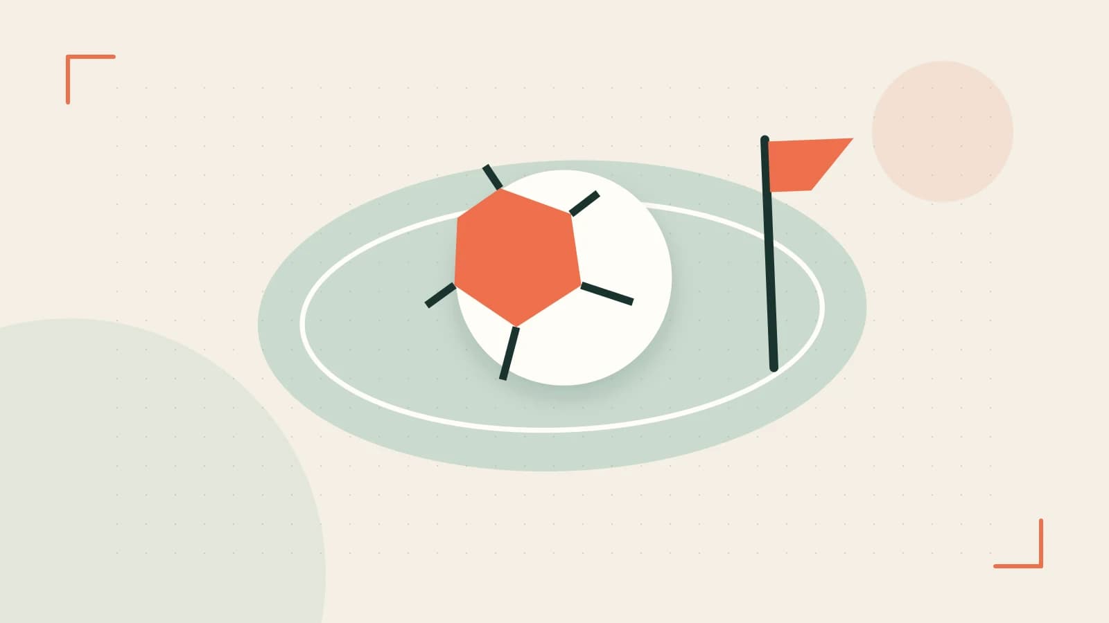 Editorial illustration of a stylized sports ball, stadium geometry and dynamic arcs
