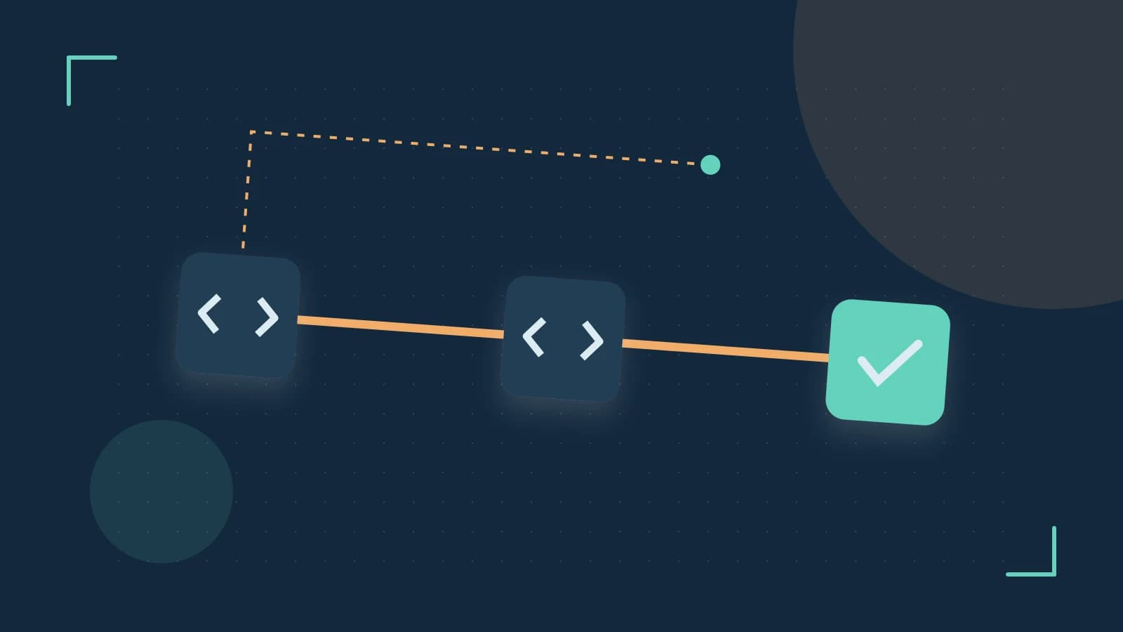 Editorial illustration of a branching build pipeline, staged transformations and a completed check