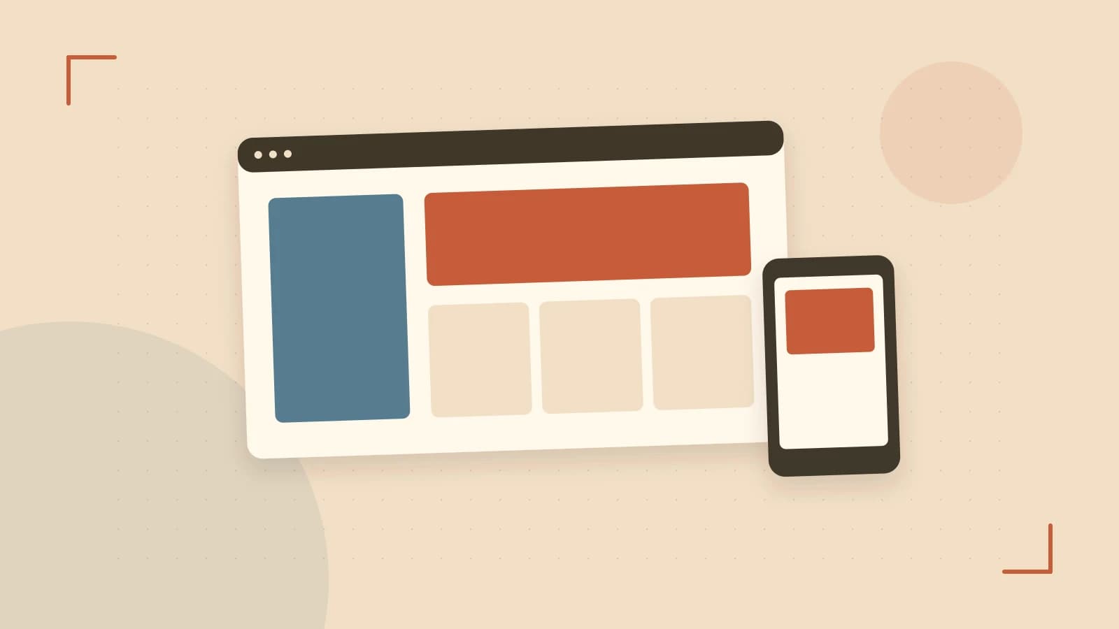 Editorial illustration of responsive browser layouts, overlapping design components and a color system