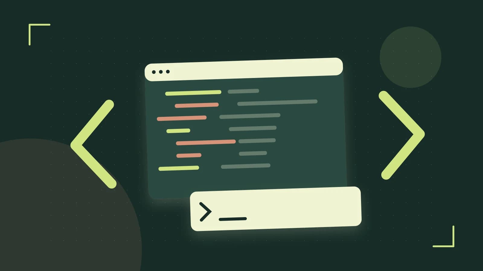 Editorial illustration of an abstract code editor, syntax blocks and oversized programming brackets