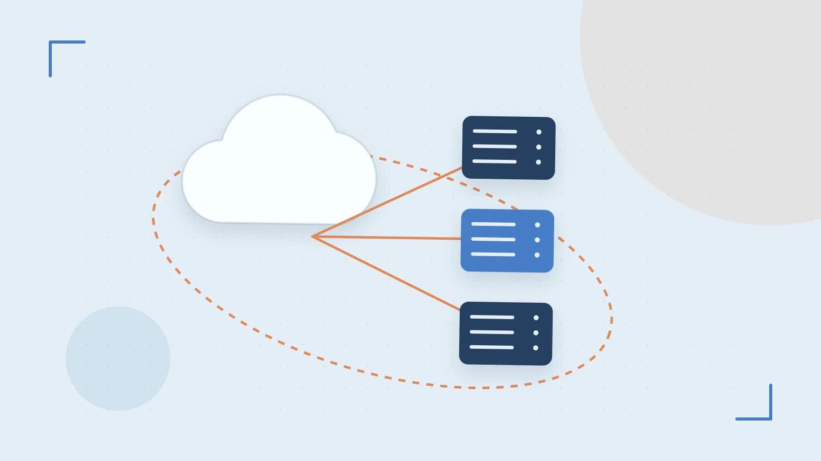 Editorial illustration of cloud infrastructure, connected server racks and an orbital service map