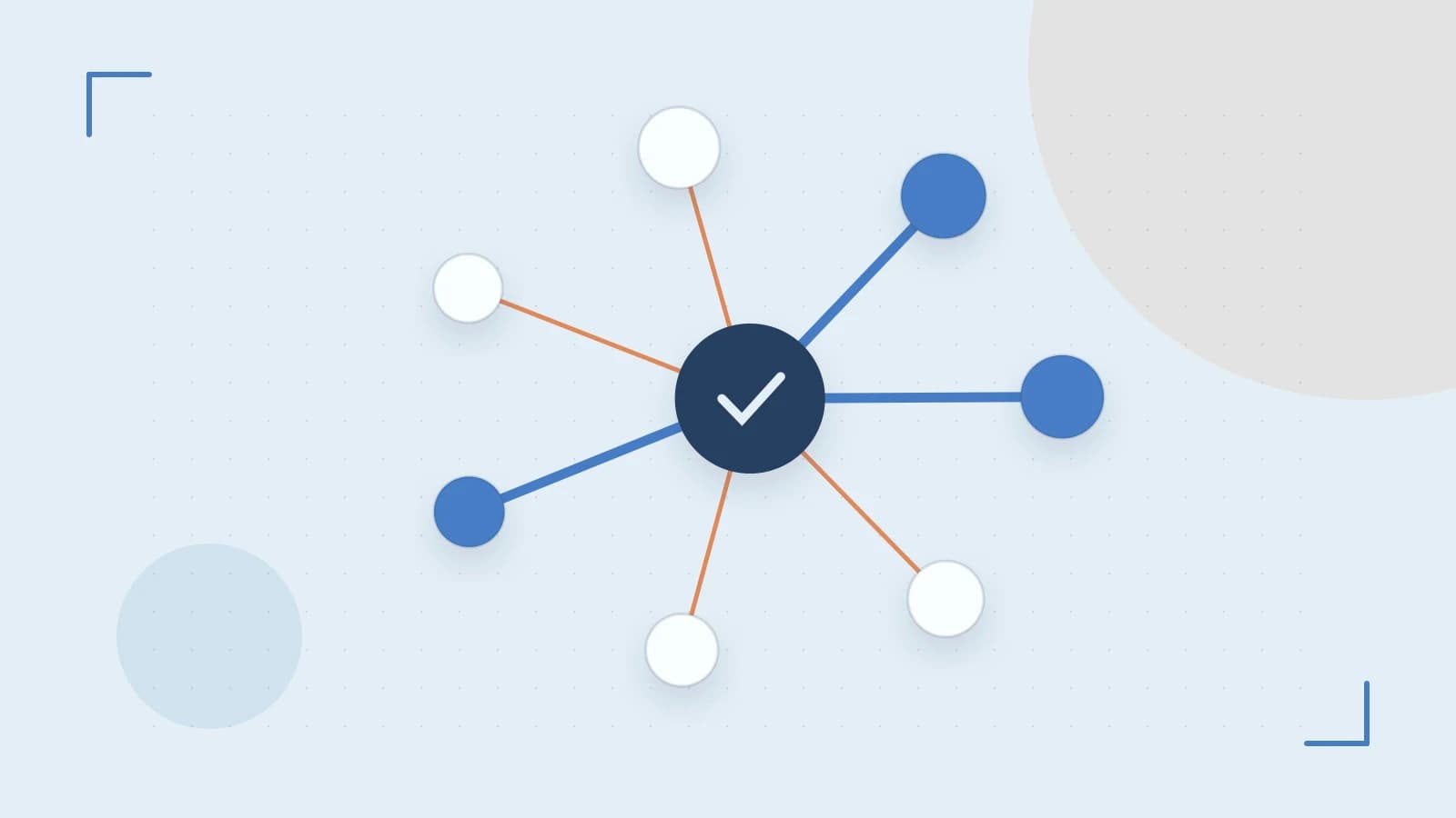 Editorial illustration of an algorithmic node graph with branching paths and a highlighted result