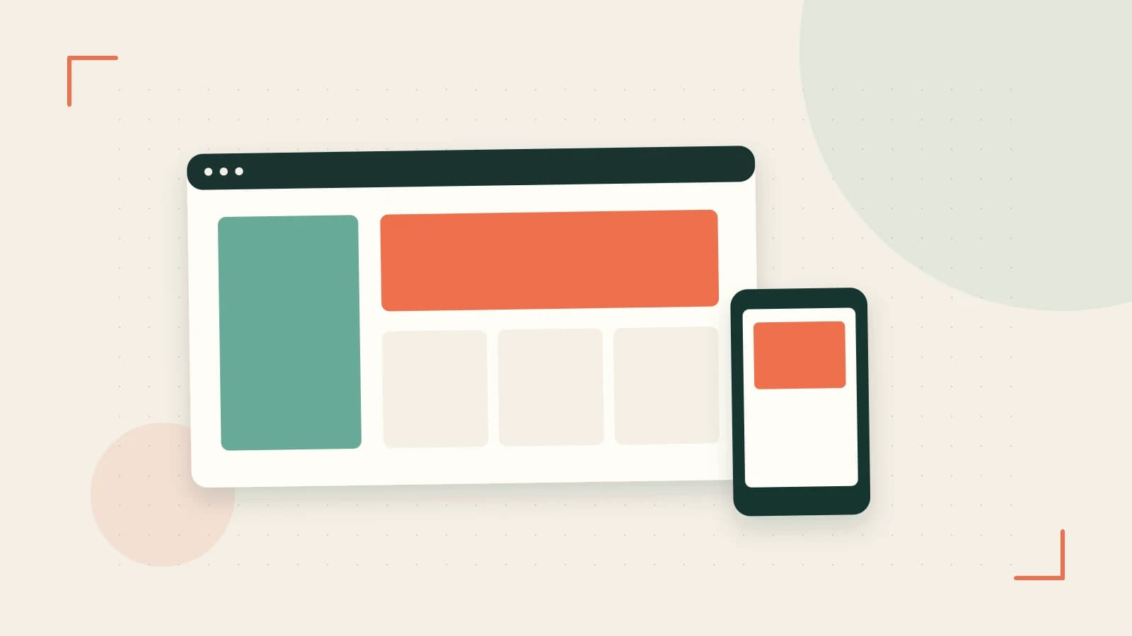 Editorial illustration of responsive browser layouts, overlapping design components and a color system