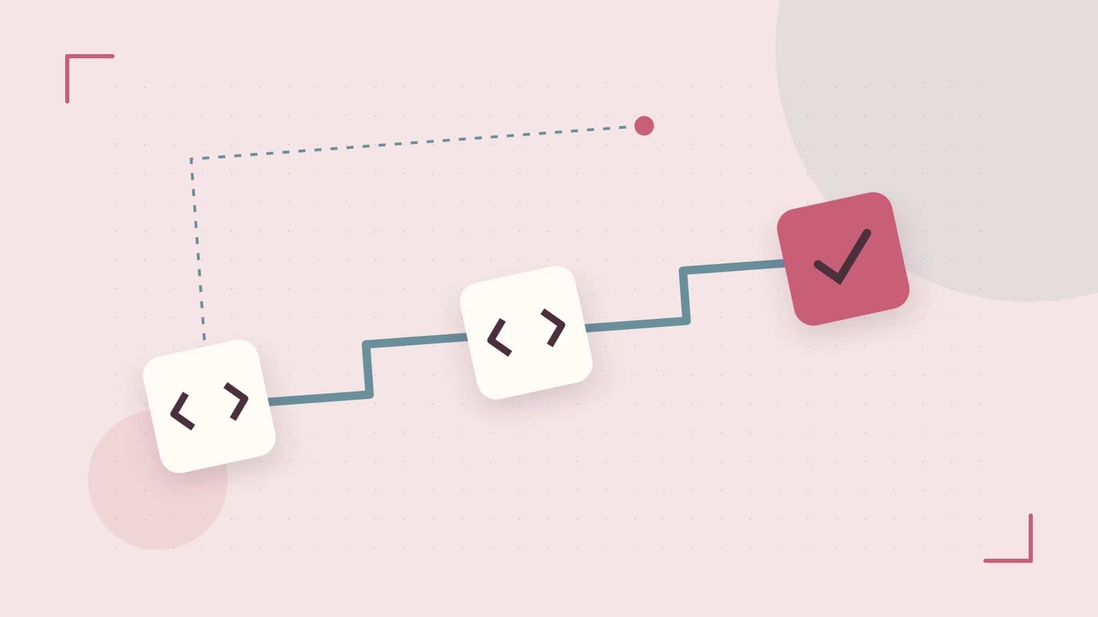 Editorial illustration of a branching build pipeline, staged transformations and a completed check