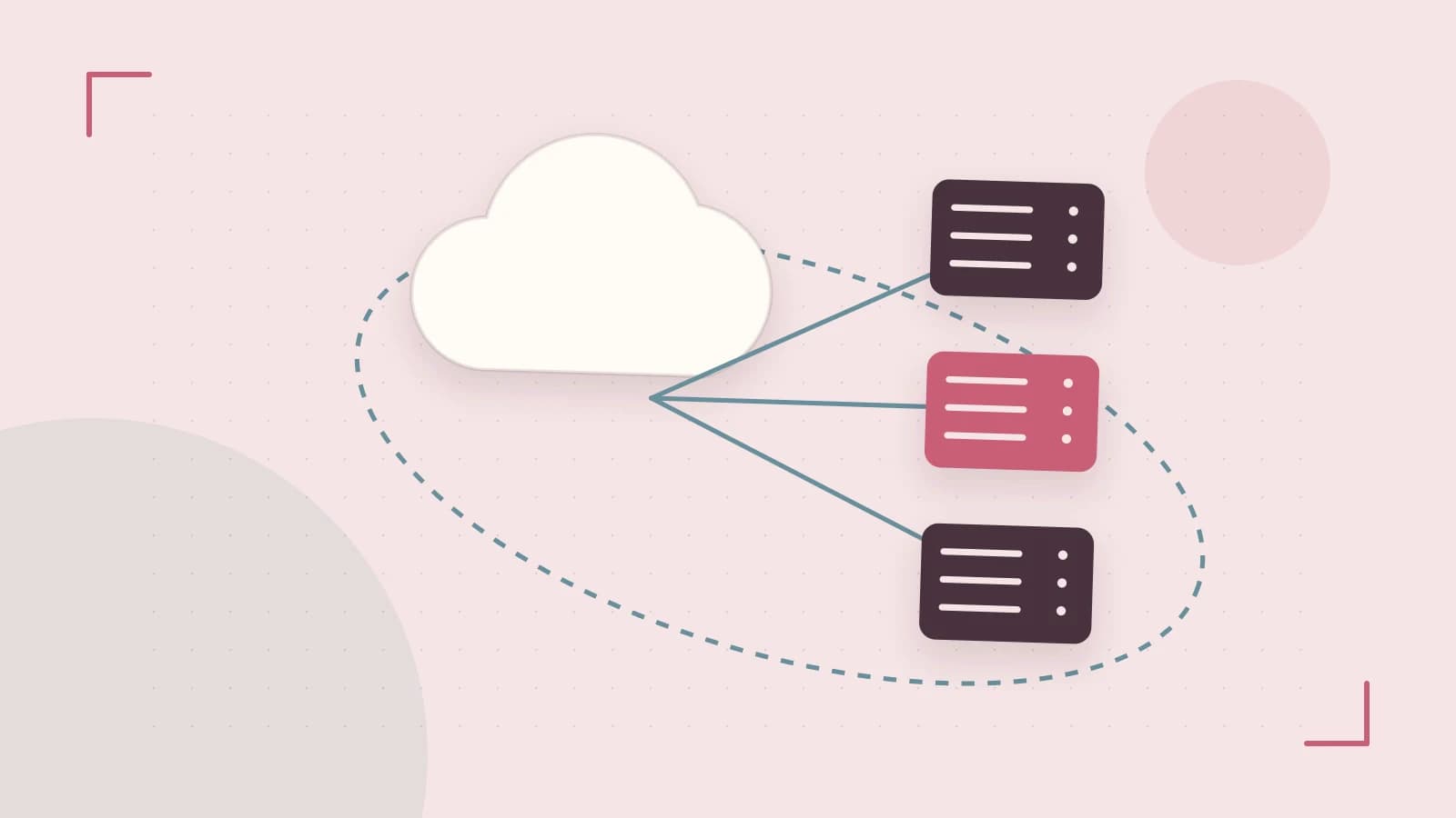 Editorial illustration of cloud infrastructure, connected server racks and an orbital service map