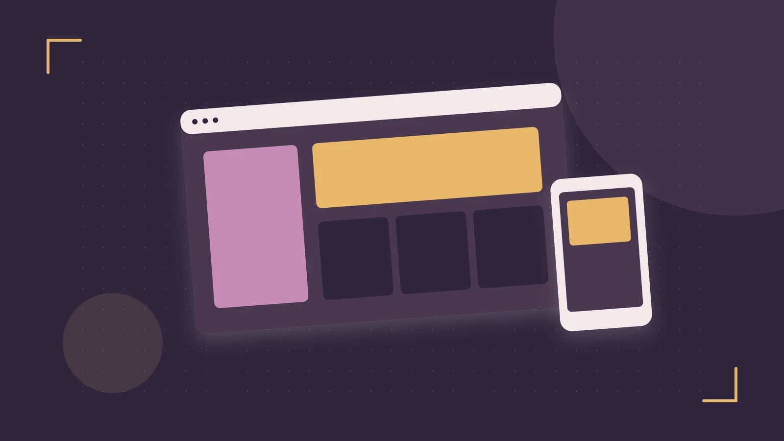 Editorial illustration of responsive browser layouts, overlapping design components and a color system