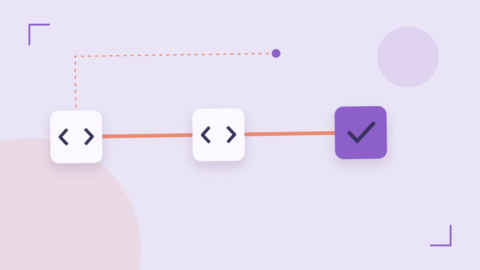 Editorial illustration of a branching build pipeline, staged transformations and a completed check
