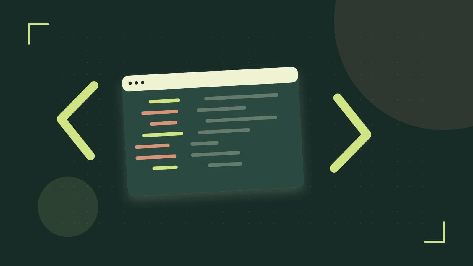 Editorial illustration of an abstract code editor, syntax blocks and oversized programming brackets