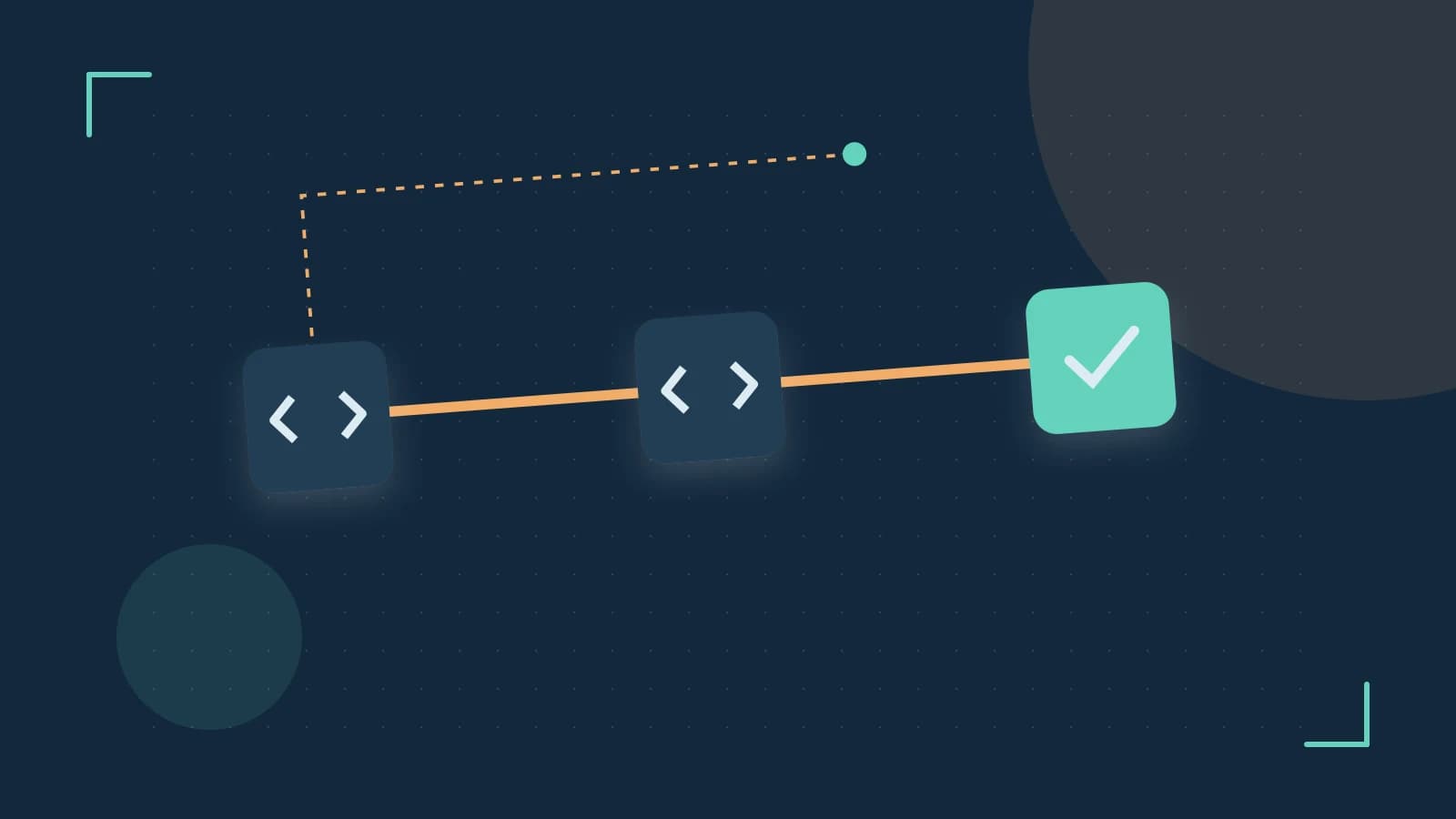 Editorial illustration of a branching build pipeline, staged transformations and a completed check