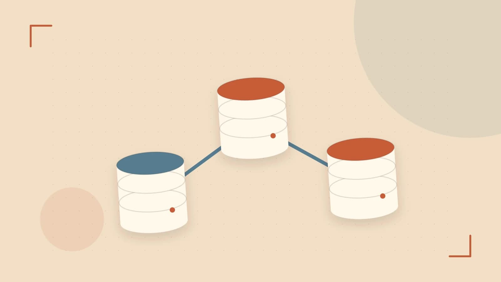 Editorial illustration of structured records, database cylinders and relationships between tables