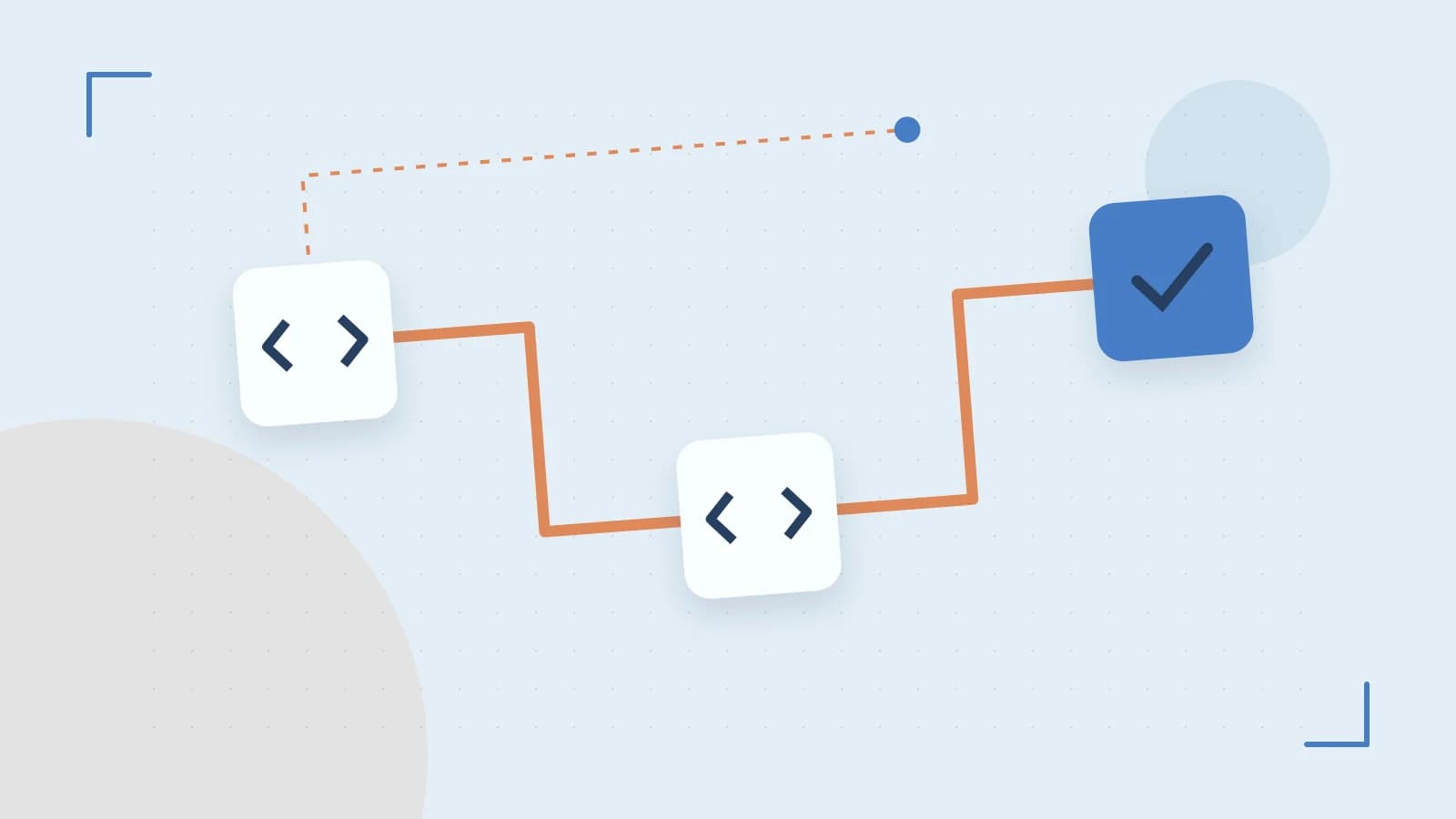 Editorial illustration of a branching build pipeline, staged transformations and a completed check