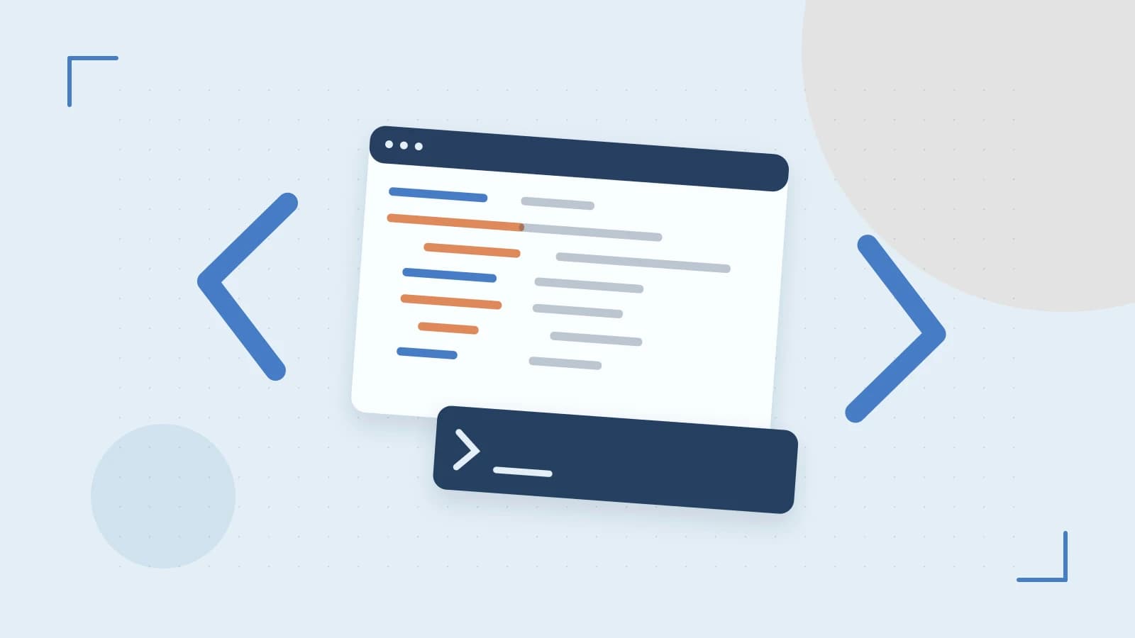Editorial illustration of an abstract code editor, syntax blocks and oversized programming brackets