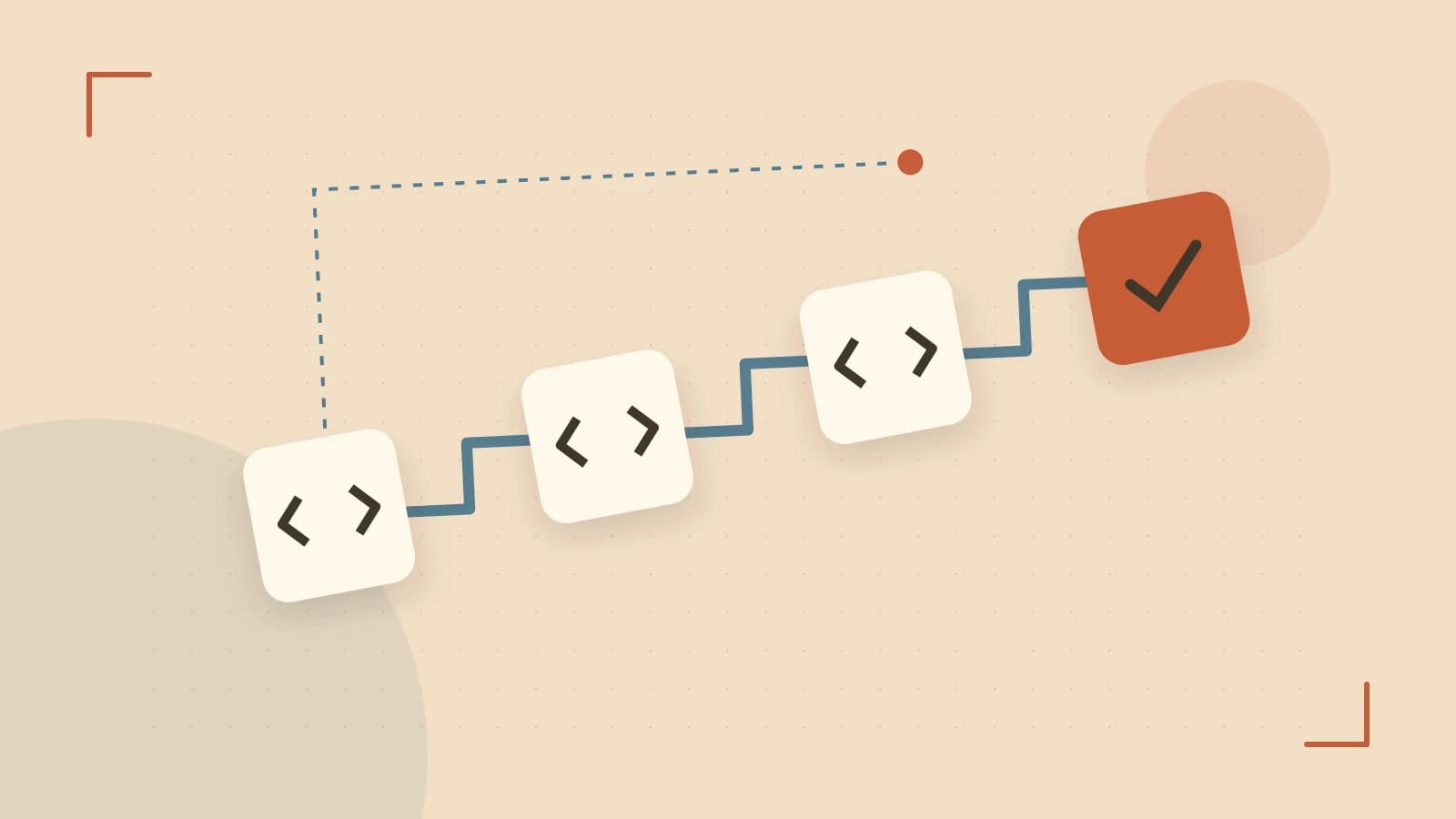 Editorial illustration of a branching build pipeline, staged transformations and a completed check