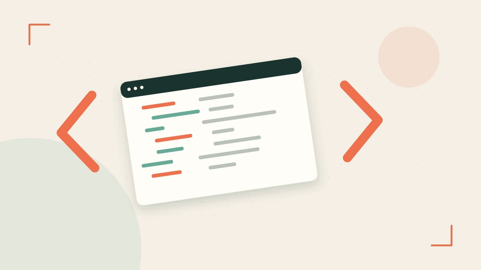 Editorial illustration of an abstract code editor, syntax blocks and oversized programming brackets
