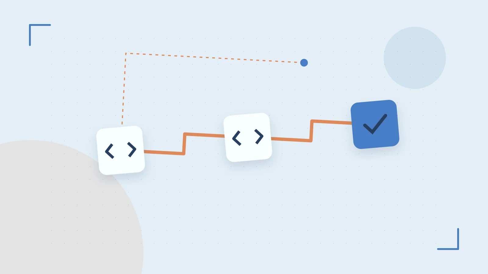 Editorial illustration of a branching build pipeline, staged transformations and a completed check