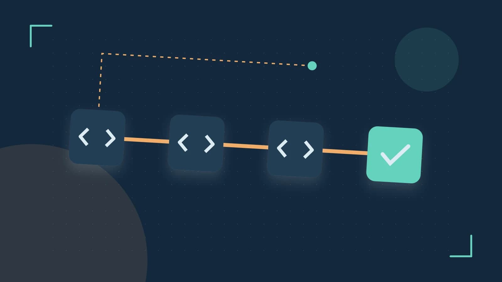 Editorial illustration of a branching build pipeline, staged transformations and a completed check