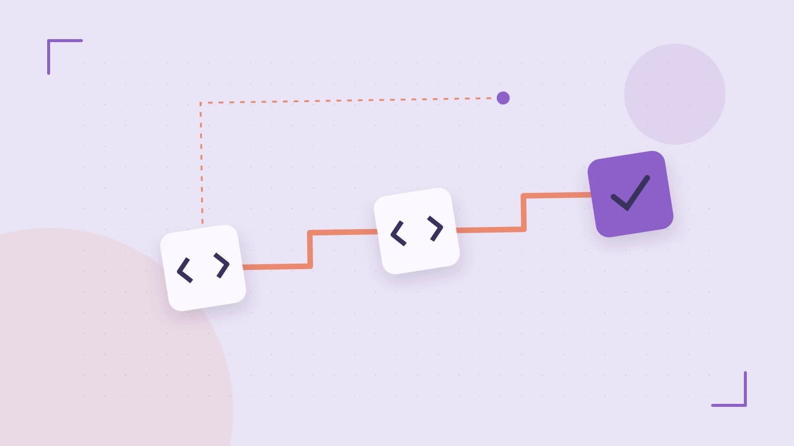 Editorial illustration of a branching build pipeline, staged transformations and a completed check