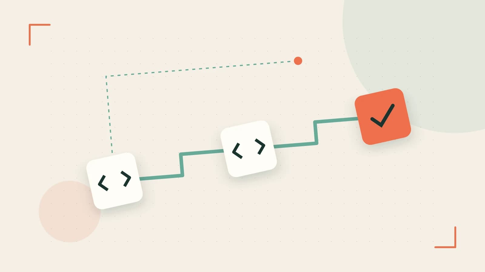 Editorial illustration of a branching build pipeline, staged transformations and a completed check