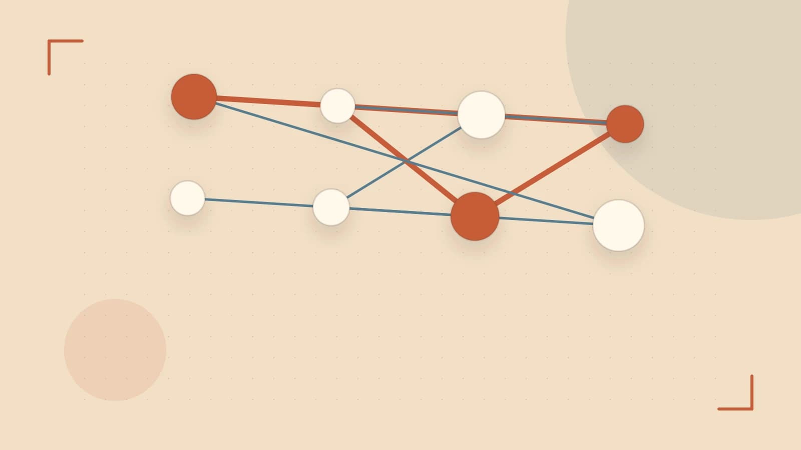 Editorial illustration of an algorithmic node graph with branching paths and a highlighted result