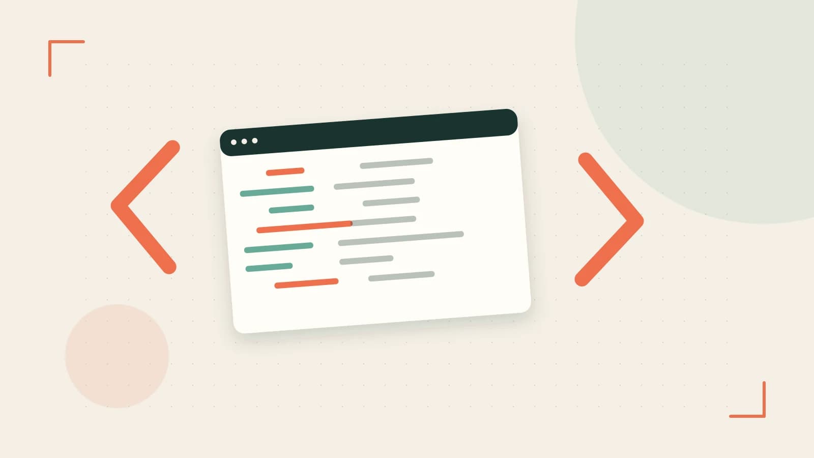 Editorial illustration of an abstract code editor, syntax blocks and oversized programming brackets