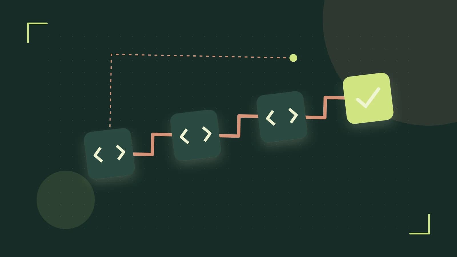 Editorial illustration of a branching build pipeline, staged transformations and a completed check