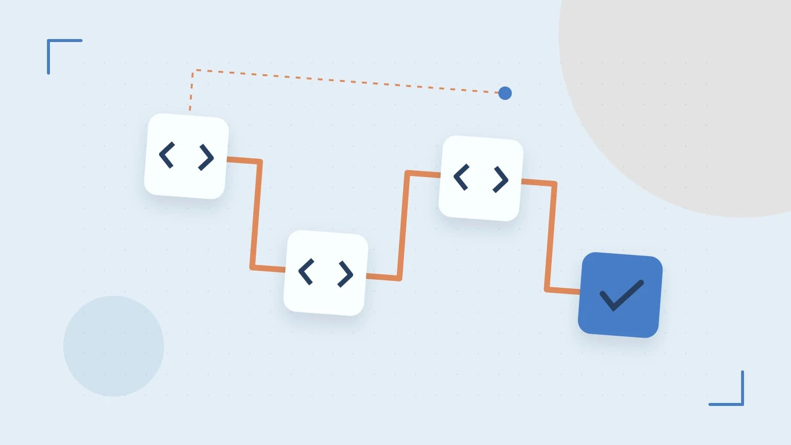 Editorial illustration of a branching build pipeline, staged transformations and a completed check