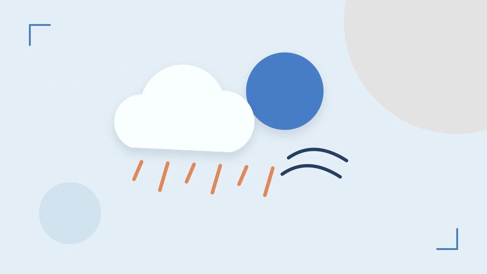 Editorial illustration of a sun, layered clouds, raindrops and flowing weather patterns