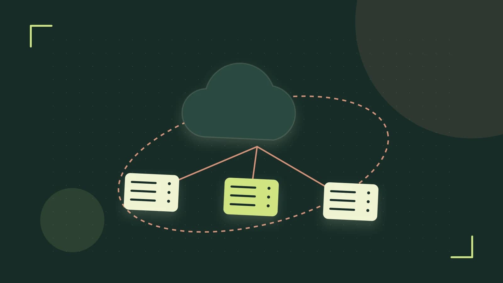 Editorial illustration of cloud infrastructure, connected server racks and an orbital service map