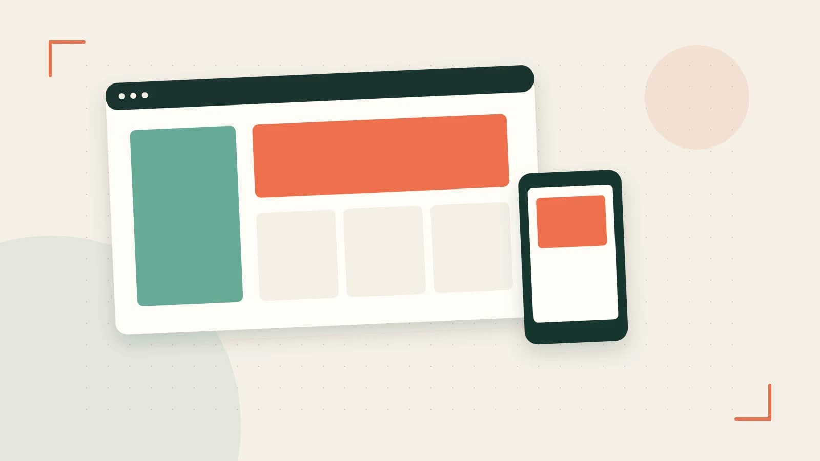 Editorial illustration of responsive browser layouts, overlapping design components and a color system