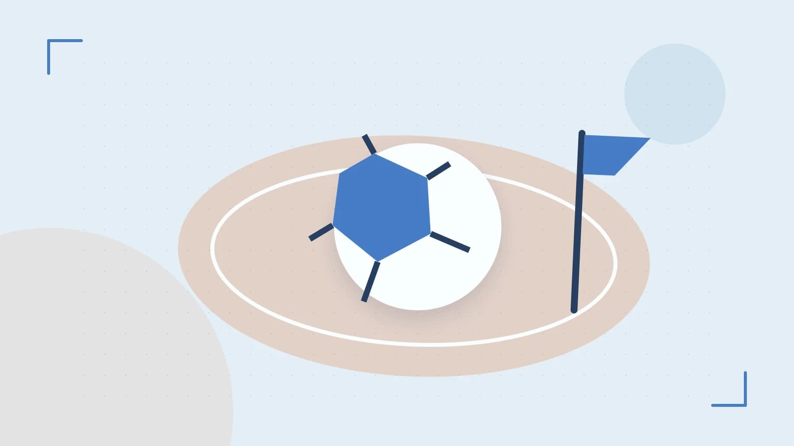 Editorial illustration of a stylized sports ball, stadium geometry and dynamic arcs