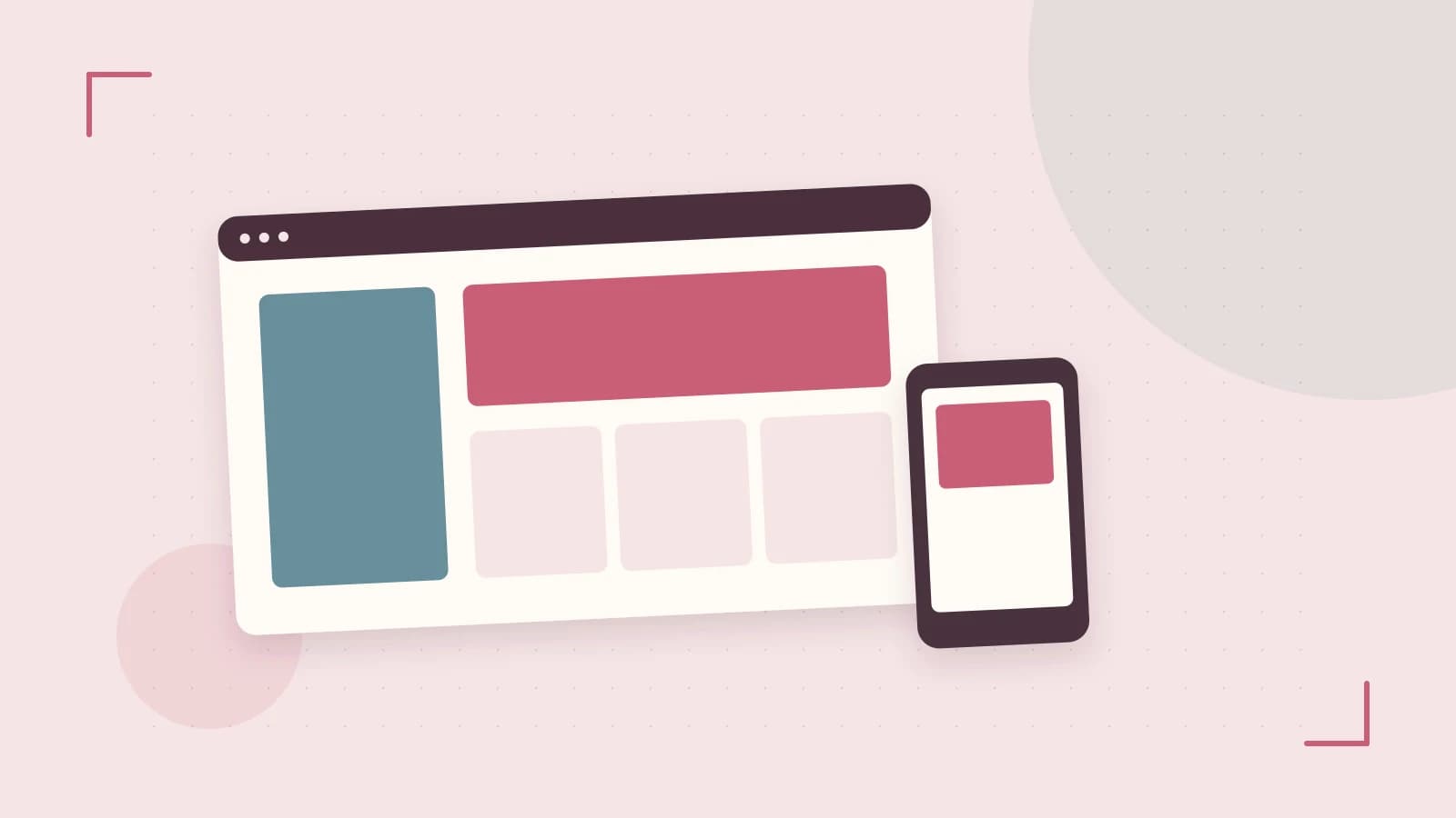 Editorial illustration of responsive browser layouts, overlapping design components and a color system