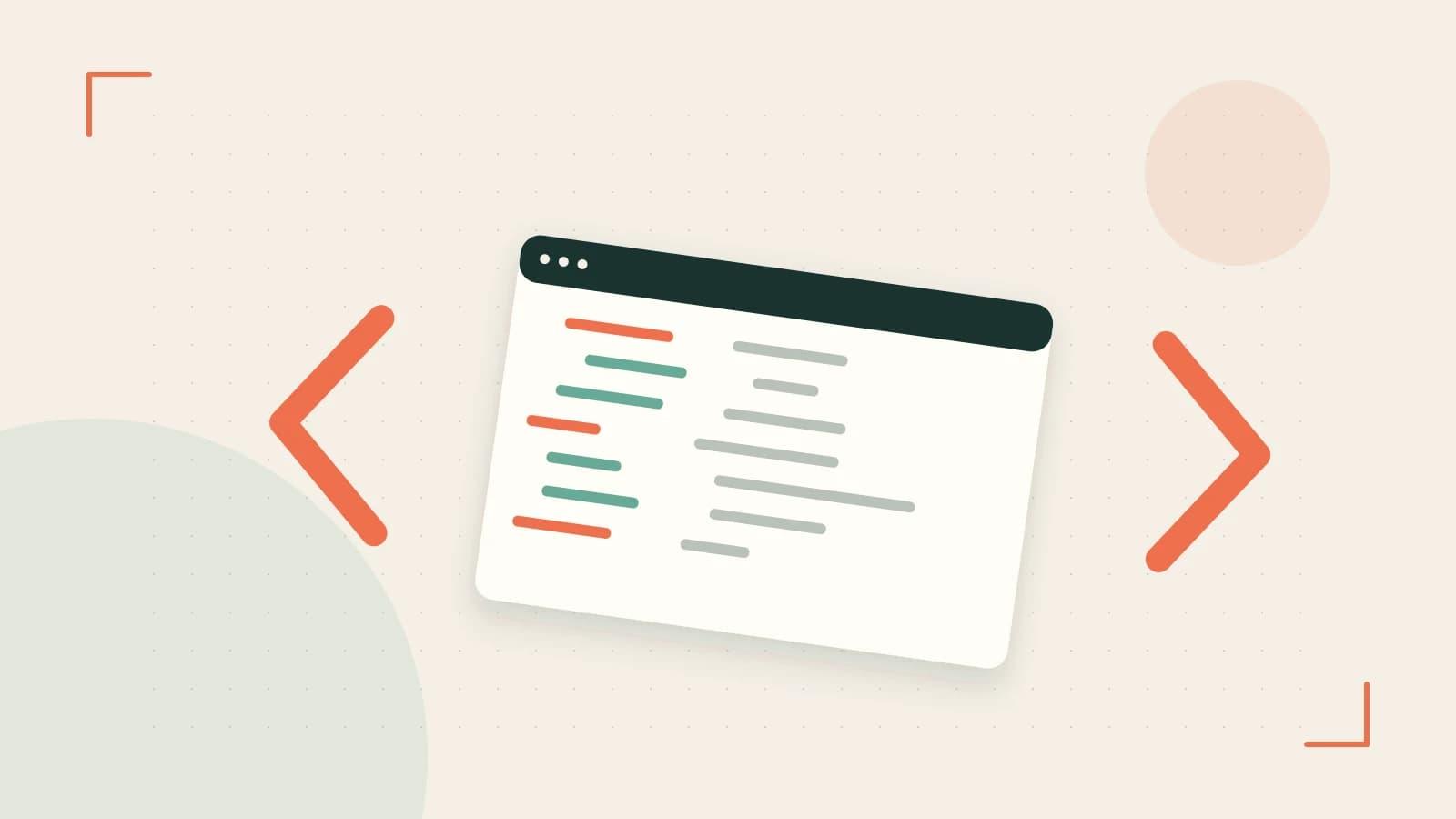 Editorial illustration of an abstract code editor, syntax blocks and oversized programming brackets