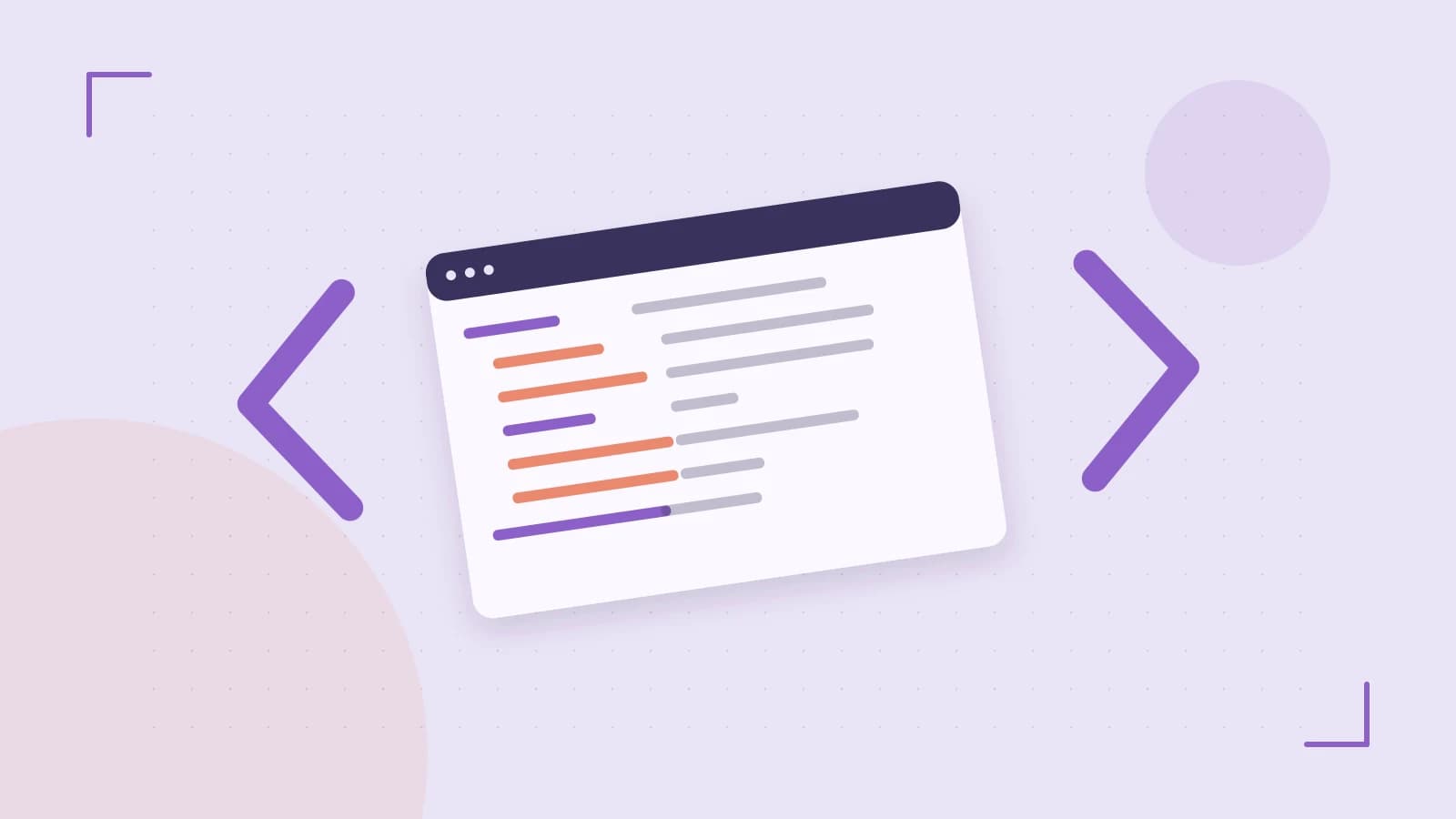 Editorial illustration of an abstract code editor, syntax blocks and oversized programming brackets