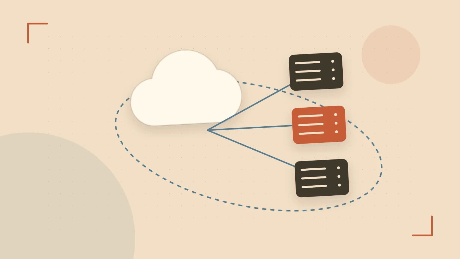 Editorial illustration of cloud infrastructure, connected server racks and an orbital service map