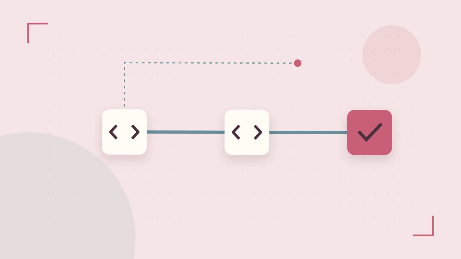 Editorial illustration of a branching build pipeline, staged transformations and a completed check