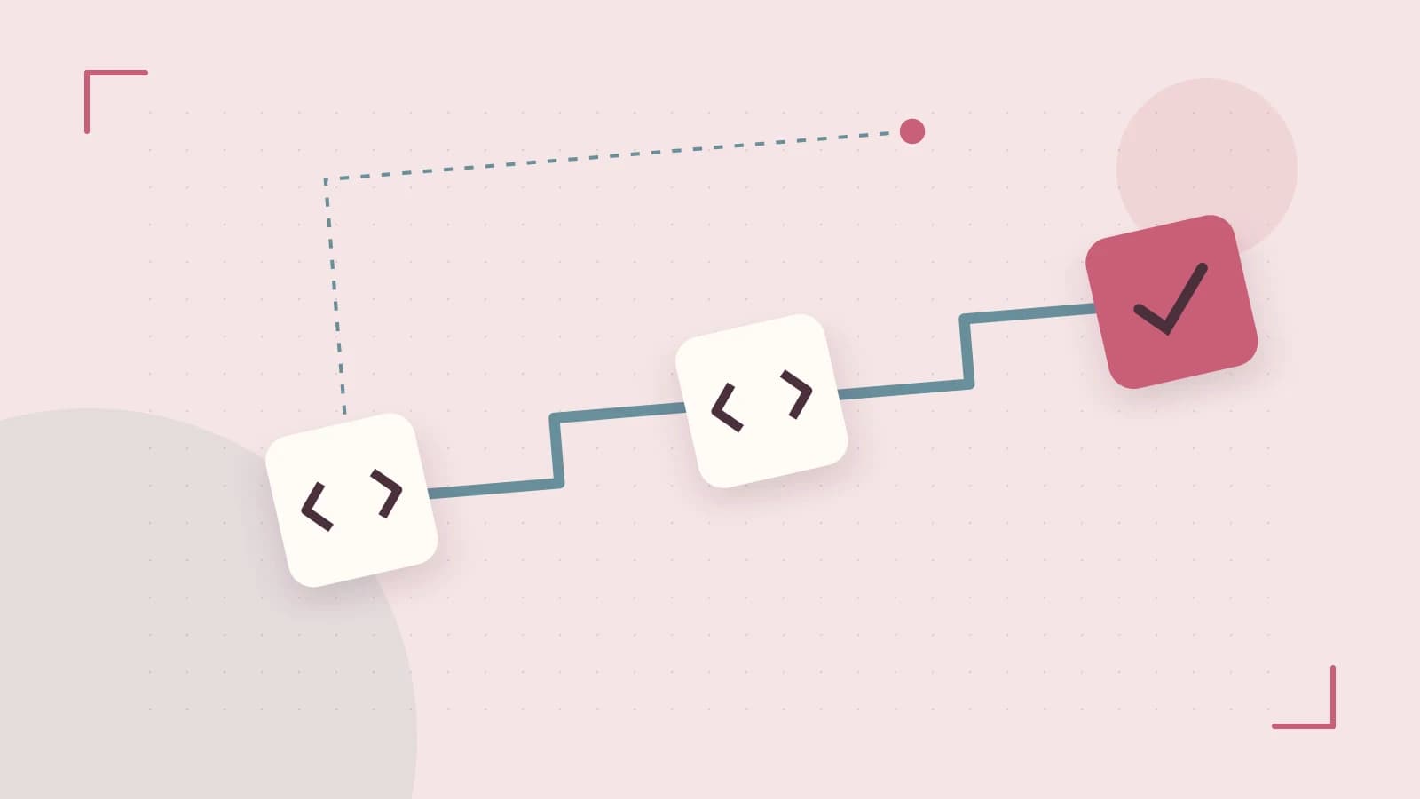 Editorial illustration of a branching build pipeline, staged transformations and a completed check